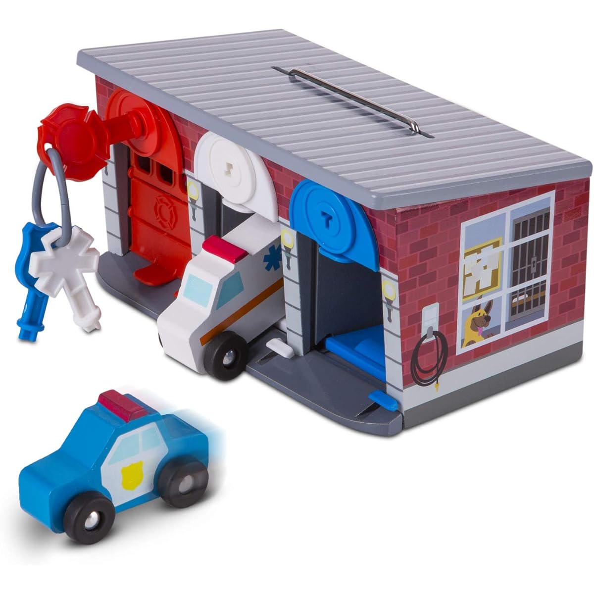 Melissa & Doug Toy Keys & Cars Wooden Rescue Vehicles and Garage (7 pcs)