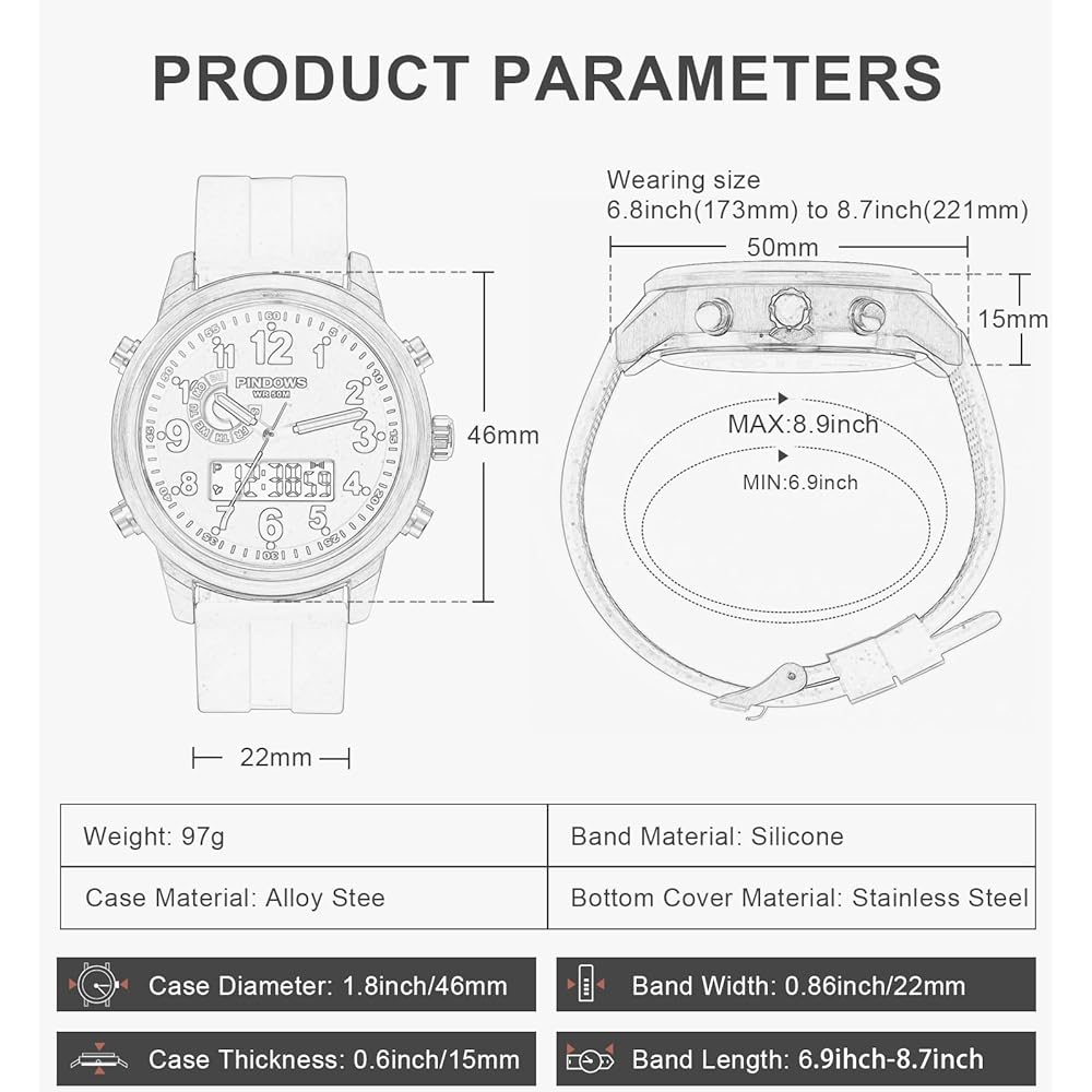 PINDOWS Men's Watch, Men's Waterproof Analog Digital Sports Watch, Multifunctional Heavy Duty Outdoor Watch (with LED Backlight, Alarm, Stopwatch, Calendar, Silicone Band)