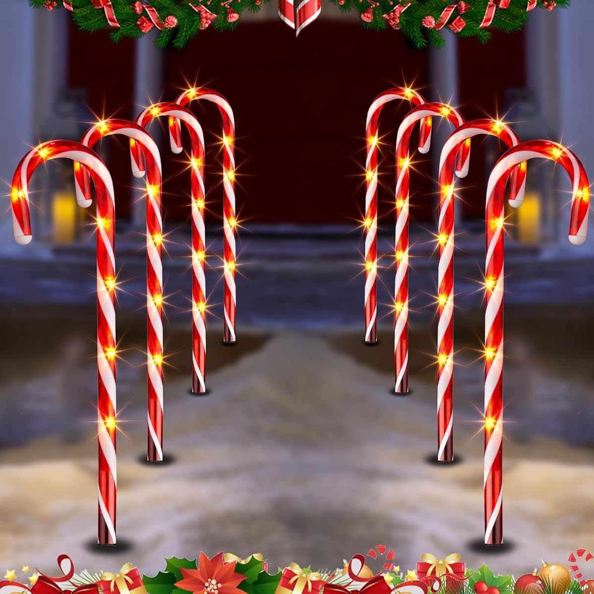 PEIDUO Candy Cane Lights 17.25 Inch Path Light Replacement Stakes Set of 8, 64 Warm White Lights, 8 Modes, Christmas Outdoor Decorations for Yard and Xmas Pathway Lawn Driveway Decor