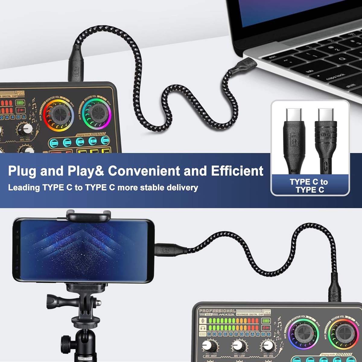 Hosabely Audio Mixer with Effects Audio Interface with Voice Changer & LED Light External Sound Card for PC Phone Microphone Audio Mixer for Karaoke Streaming Recording Game