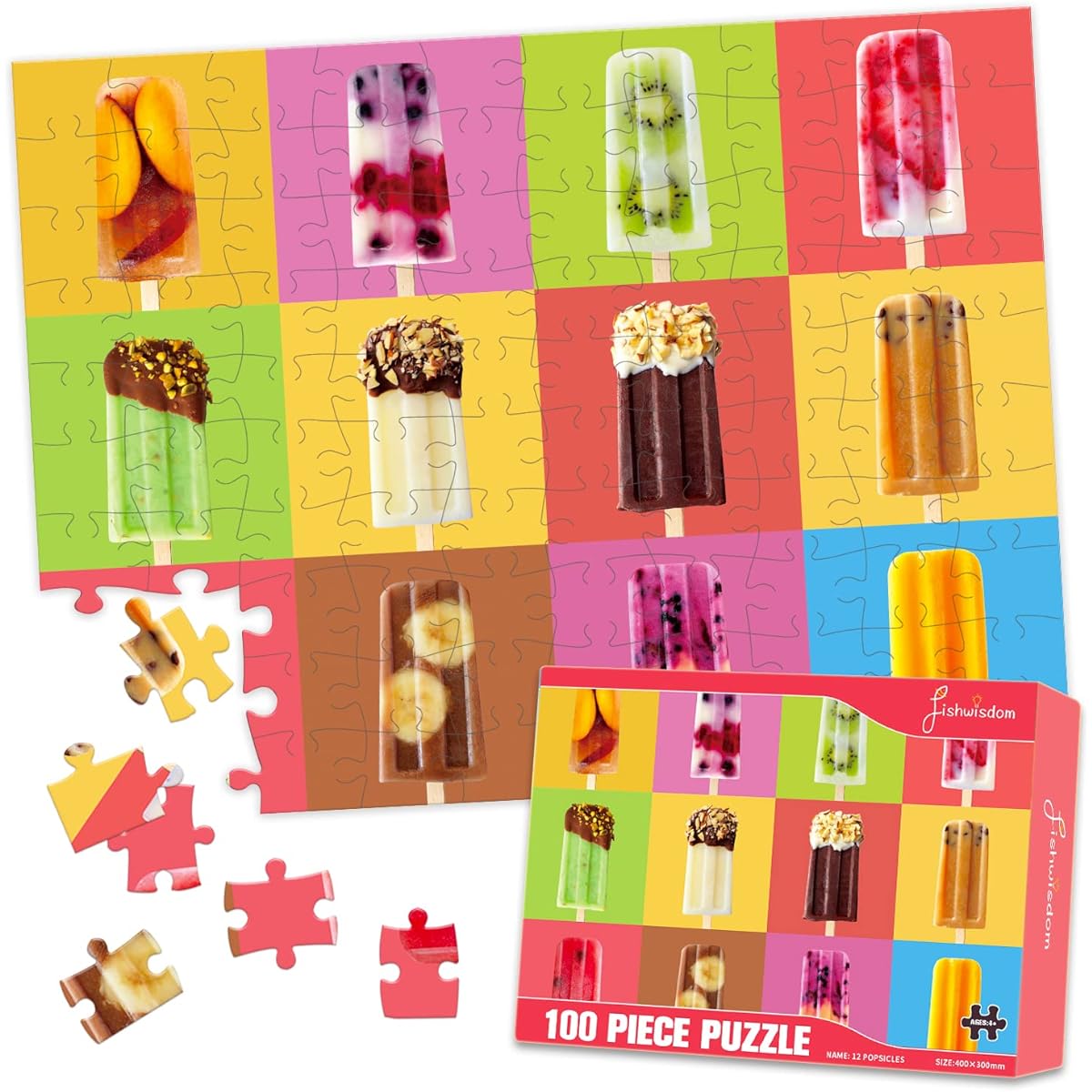 fishwisdom 100 Piece Donut Jigsaw Puzzle for Kids Teens Ages 4-8 Gift Family Time (Popsicle)