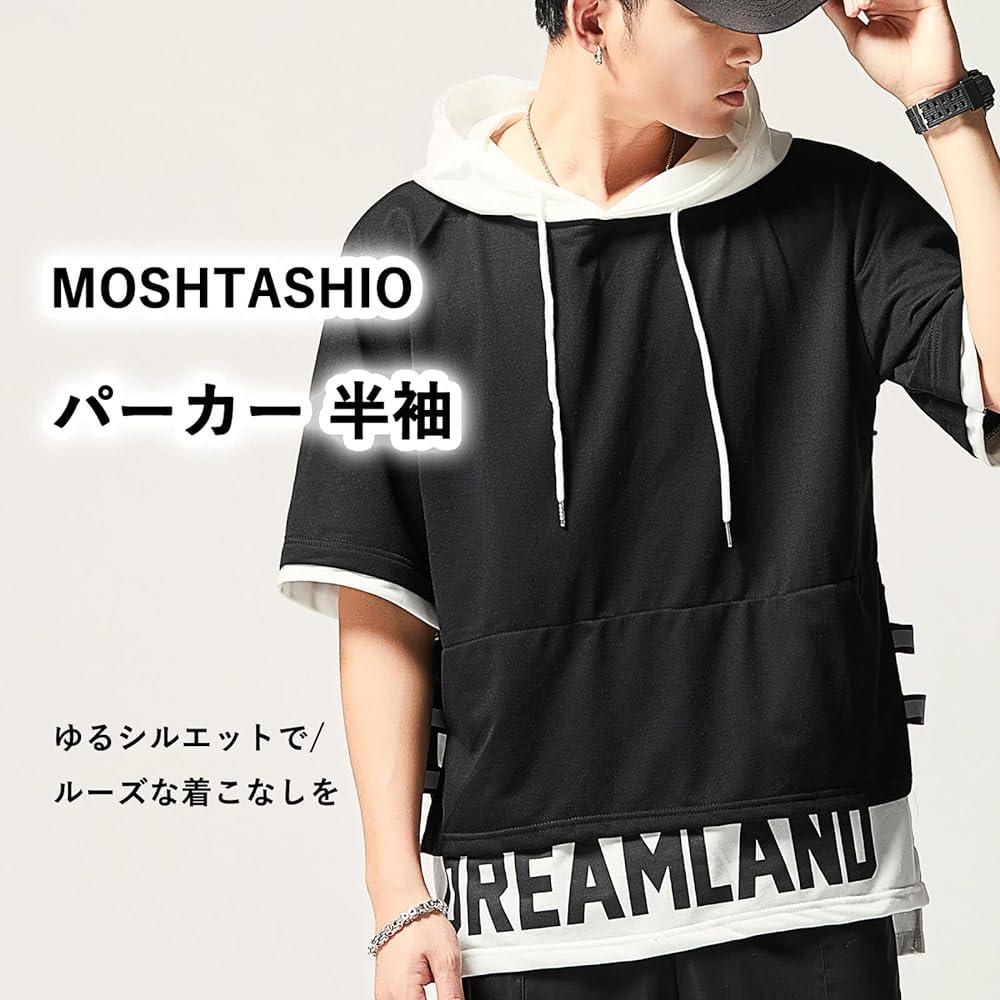 [Moshtashio] Men's Hoodie, 3/4 Sleeve T-Shirt, Summer Clothes, Hooded, Sports, Loose, Casual, Pullover, Cotton, Large Size, Hip Hop Streetwear