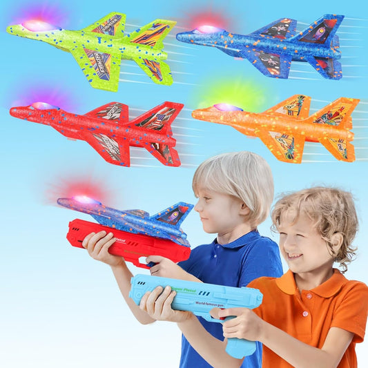 4 Pack LED Plane Toy with 2 Launchers F-16 Fighting Falcon Outdoor Toys 9.1" Foam Glider Catapult Plane Outdoor Flying Toys Birthday Gifts Toys for 4 5 6 7 8 9 10 11 12 Year Old Boys