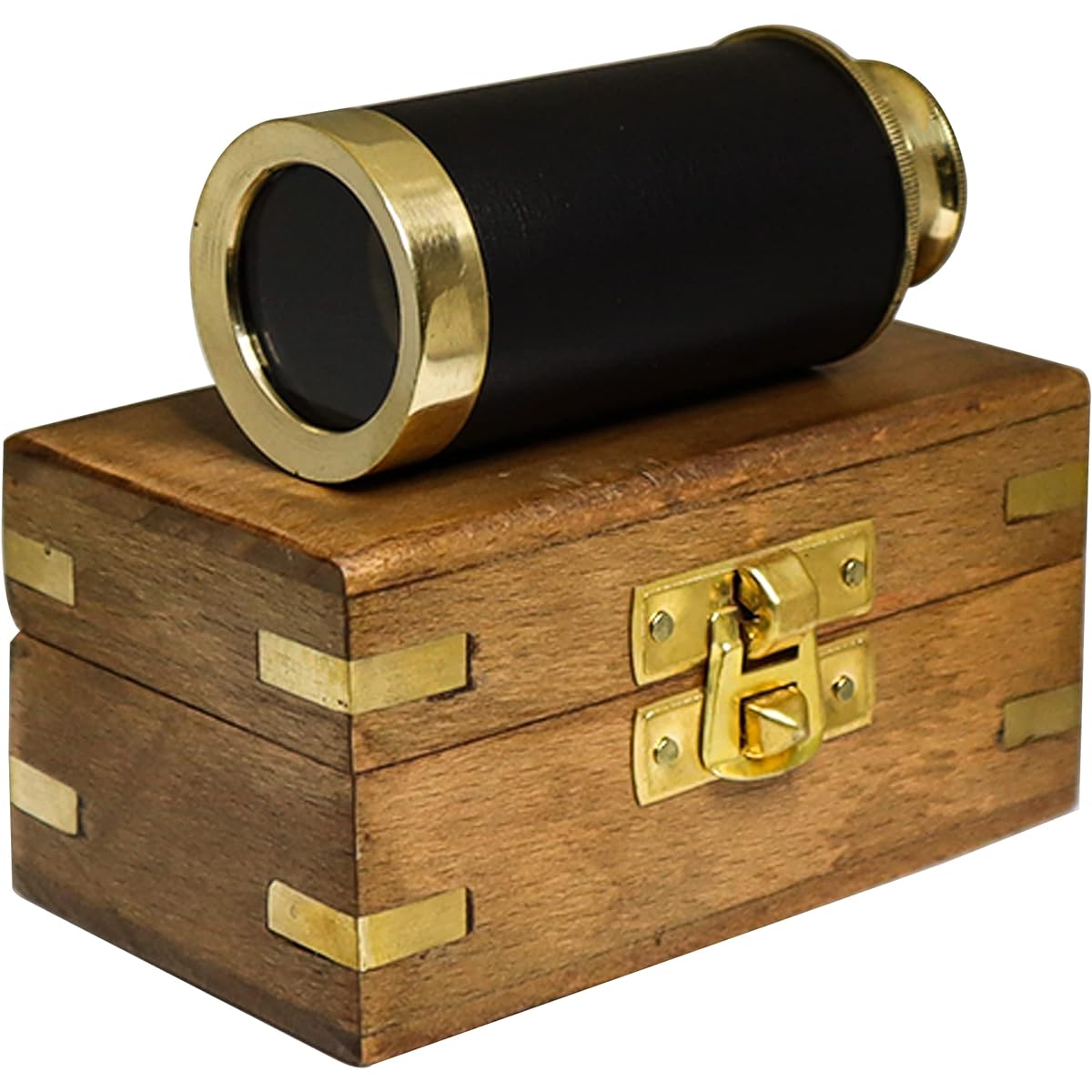 PORTHO Children's Mini Telescope 6" Wooden Box with Shiny Brass Finish and Black Leather Cover for Work Handheld Pirate Spyglass Monocular Birthday Christmas Collectible Gift