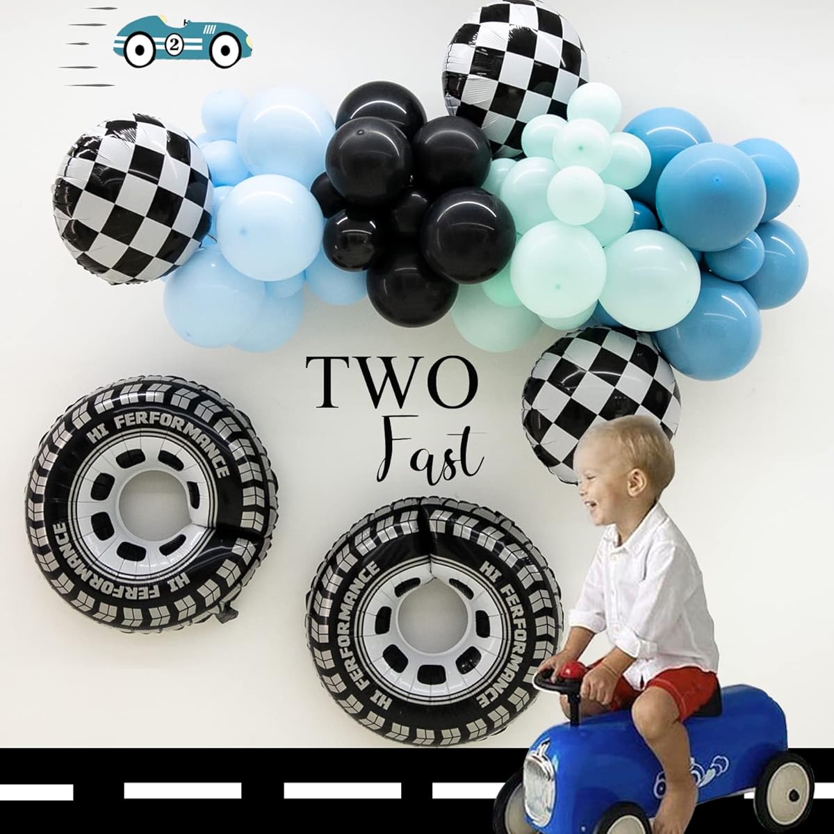 Teddyparty Race Car Blue Balloon Arch Kit Pastel Dusty Blue Green Balloon Garland Kit for 2 Early Birthday Baby Shower Party Decorations
