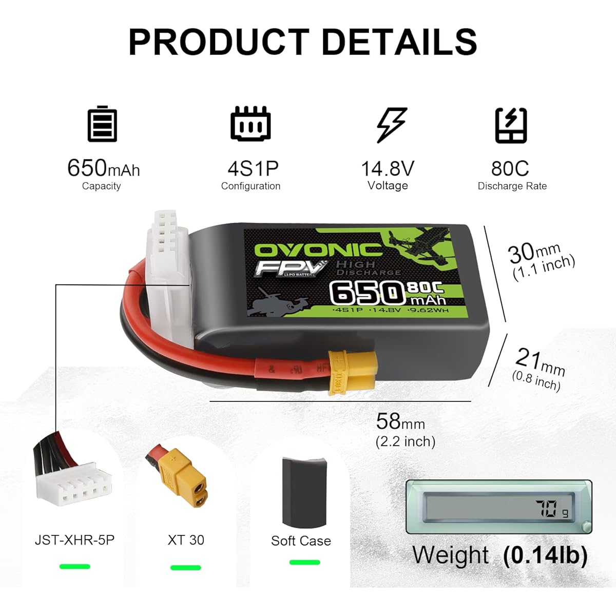 OVONIC 4s Lipo Battery 80C 650mAh 14.8V Lipo Battery with XT30 Connector for RC FPV Racing Drone Quadcopter(2 Pack)