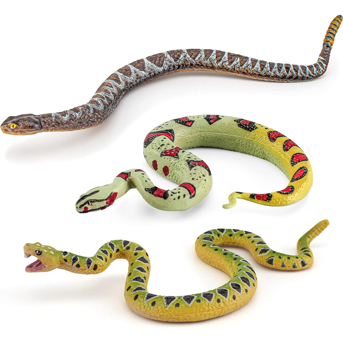 Atralo Service Snake Figures Wildlife Jungle Animal Model Playset 3 Piece Snake Figurines Party Favors Toys for Boys Girls Kids Toddlers