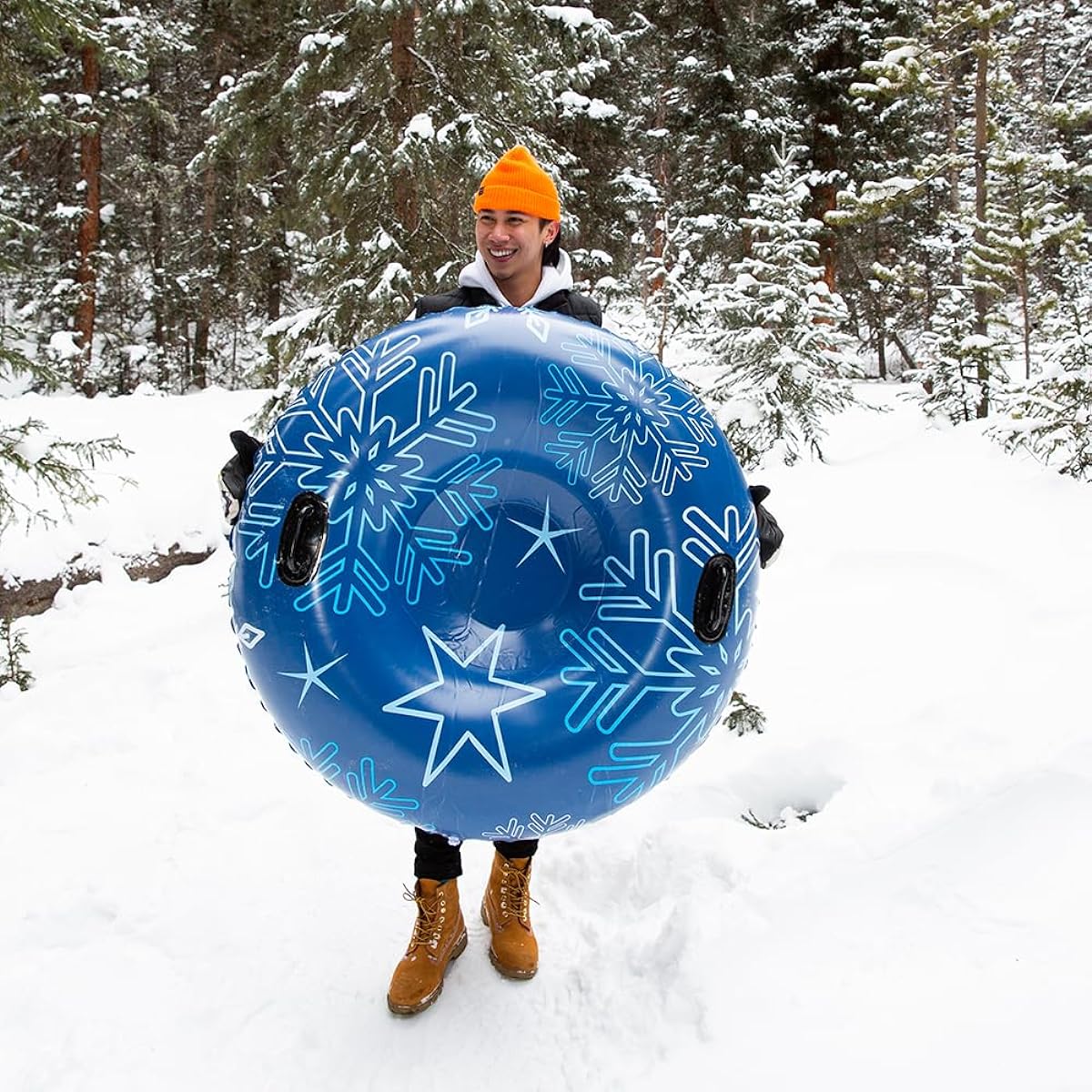 SNOWCANDY Snow Tube 48 Inch Blue Pro Tuber Edition Inflatable Snow Sled Toboggan for Kids and Adults Heavy Duty with Handle and Bottom Winter Outdoor Sled Easy to Inflate and Deflate