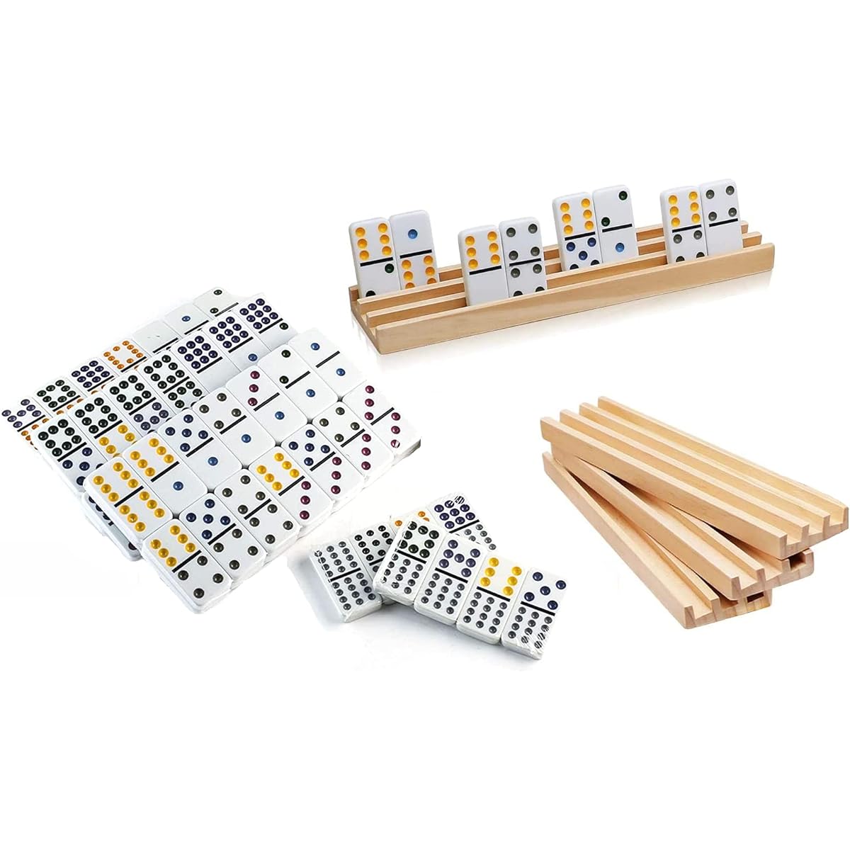 KOVOT Domino & Rack Set | 91 Tiled Dominoes + 4 Wooden Domino Racks