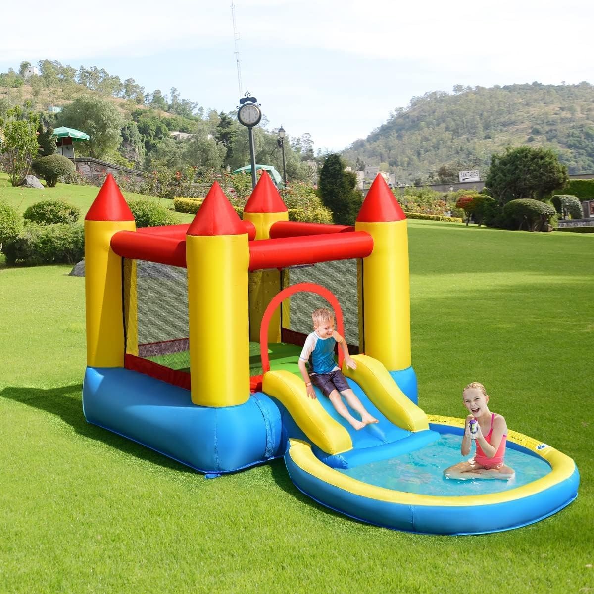 DORTALA Inflatable Bounce House for Kids Jumping Castle with Water Slide Jumping Area Splash Pool Bouncy Castle with Carry Bag for 3-5 Years Old Outdoor Backyard (No Blower)