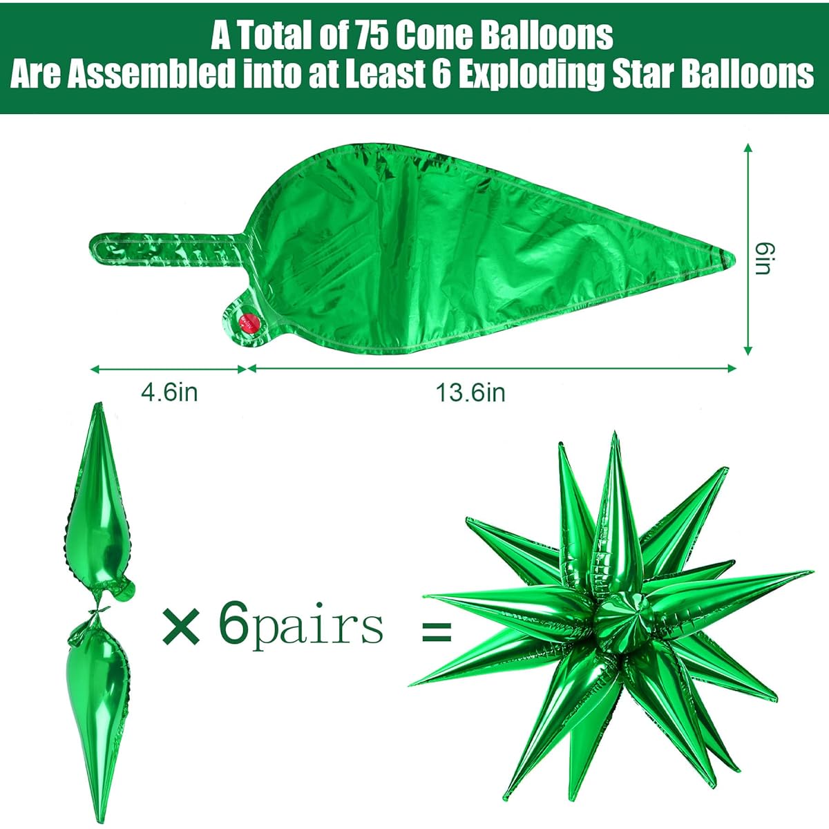 NOVWANG 75pcs Exploding Star Foil Balloons 12pt Dark Green Starburst Cone Mylar Balloons Party Supplies for Christmas Birthday Wedding Baby Shower Photo Booth