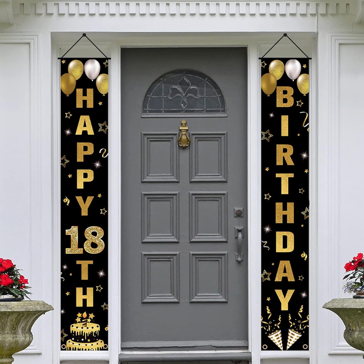 Happy 18th Birthday Banner Black & Gold Hanging Birthday Porch Sign for Outdoor/Indoor/Birthday Party