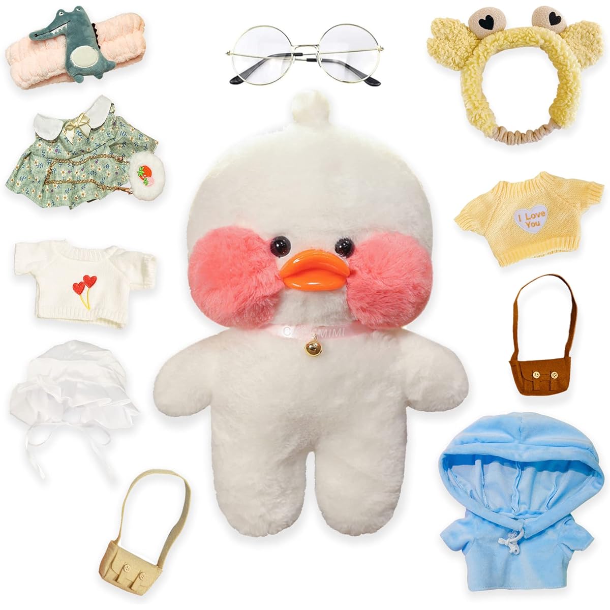 LALAFANFAN Cute Duck Stuffed Animal, Cute Plush Toy with 11 Accessories, DIY Cute Stuffed Animal for Kids