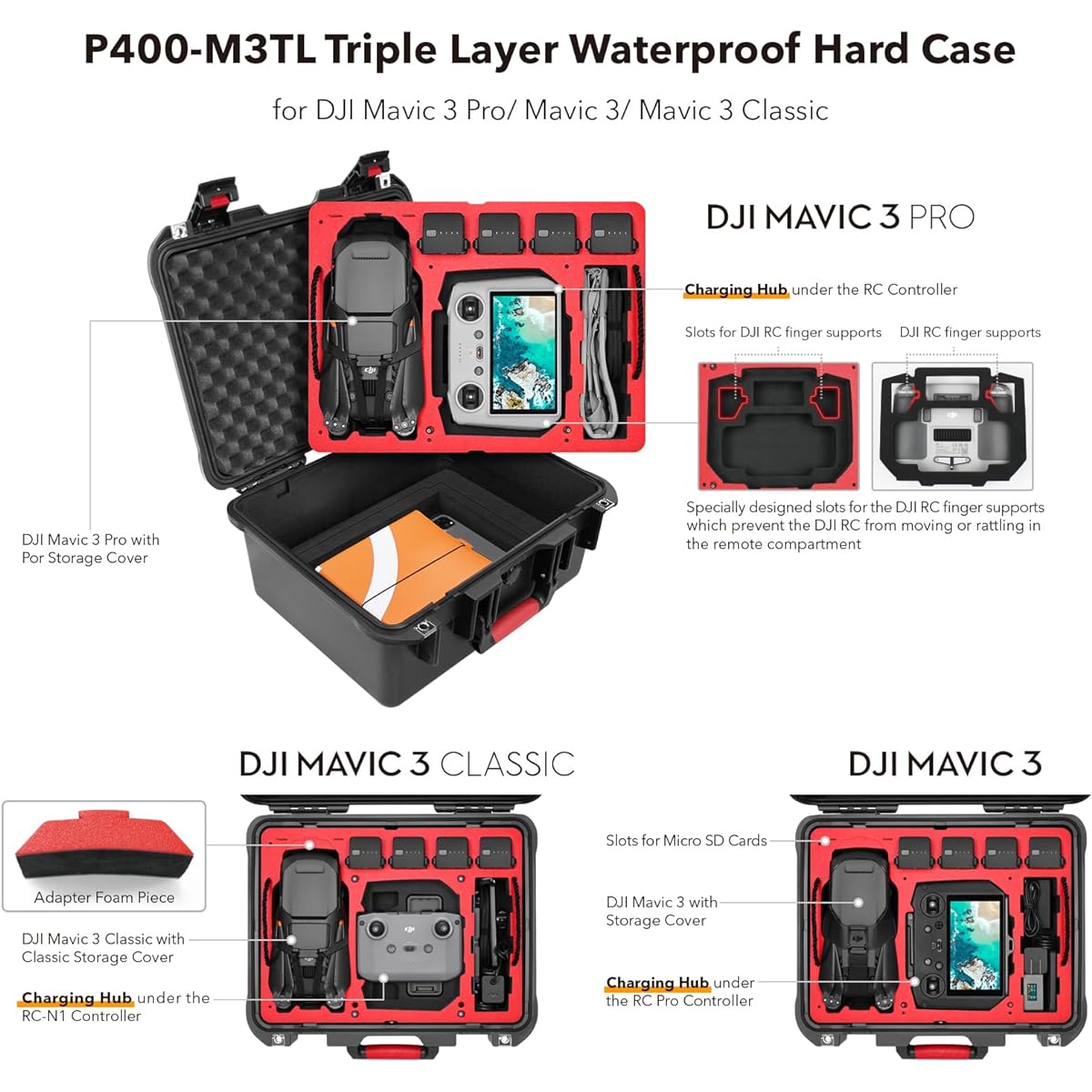 SYMIK P400-M3TL Mavic 3 Pro Triple Layer Waterproof Hard Carrying Case for DJI Mavic 3 Pro/Cine/Mavic 3/Classic/Fly More Combo with DJI RC/RC Pro/RC-N1 Remote Control Compatible with Landing Pad/iPad/Accessories