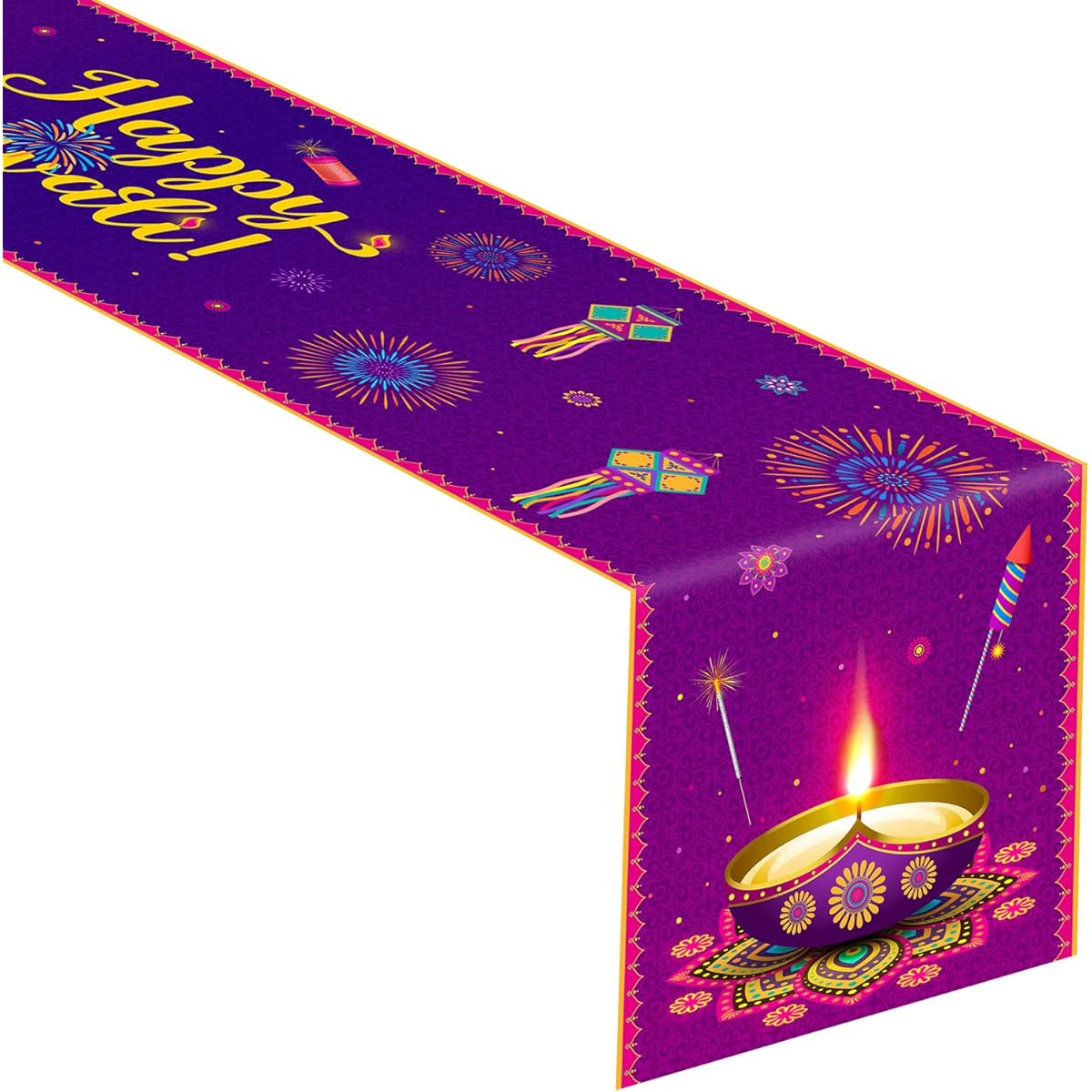 Diwali Party Table Runner Happy Diwali Kitchen Dining Table Decoration Light Rangoli Lantern Indoor/Outdoor/Home/Indian Deepawali Festival of Lights Party Decoration Supplies 13 x 72 Inch