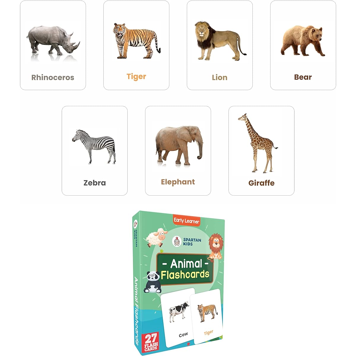 SPARTAN KIDS Animal Flash Cards for Kids Early Learning Flash Cards 27 Cards for Kids Small Multicolor