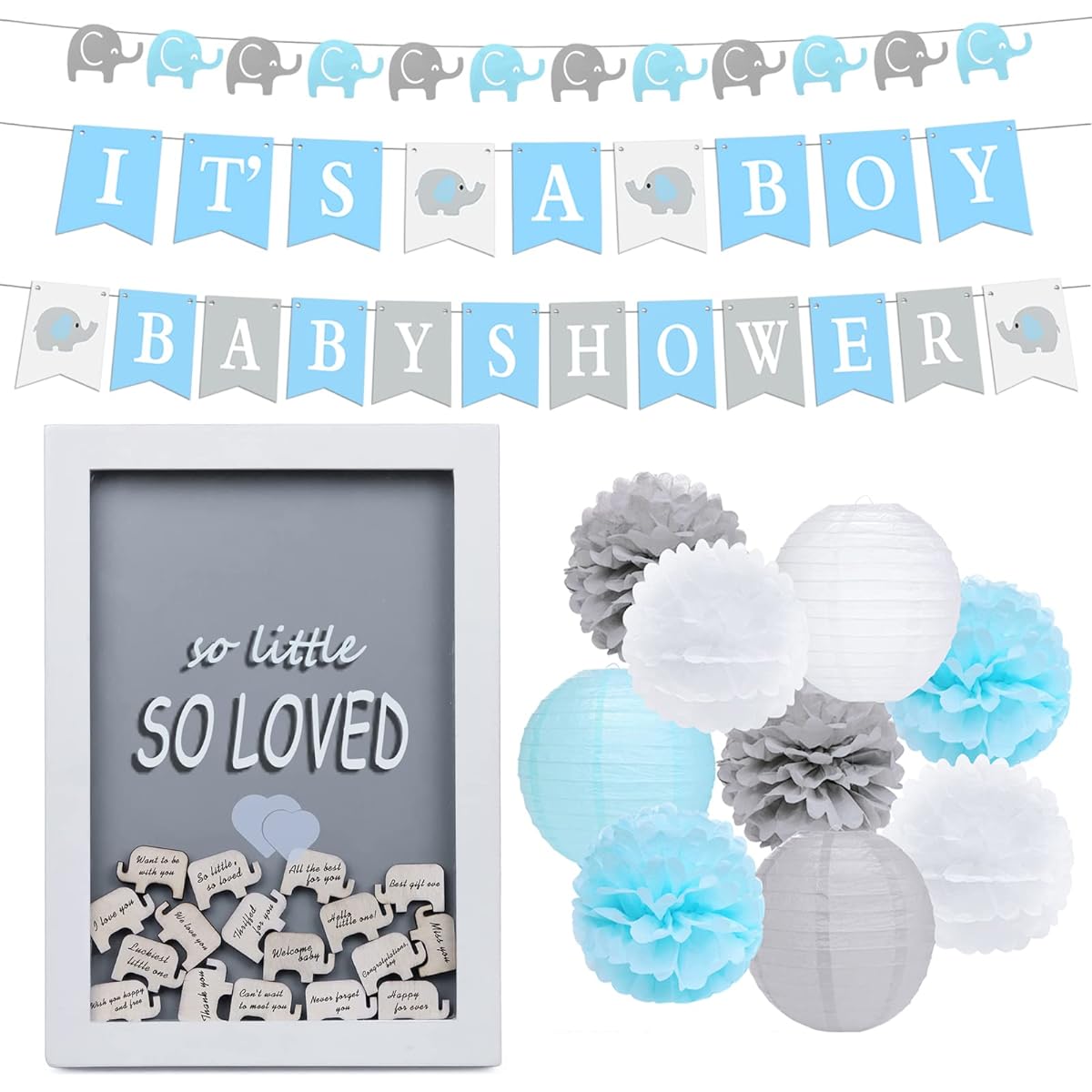 WOMRICH Boy Baby Shower Decorations Elephant Theme Set, Baby Shower Guest Book Elephant Sign Frame, Boy Banner Elephant Garland Paper Lantern Flower Pompoms (Blue)