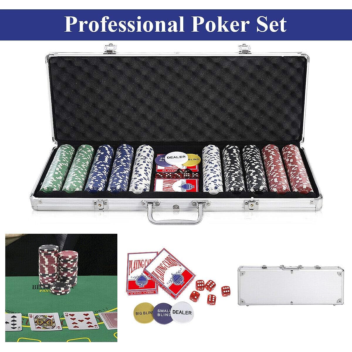 GOPLUS 500 Piece Poker Chip Set Hold'em Card Game Aluminum Case Table Cloth Cards Dice Blind Buttons for Texas Hold'em Blackjack Gambling