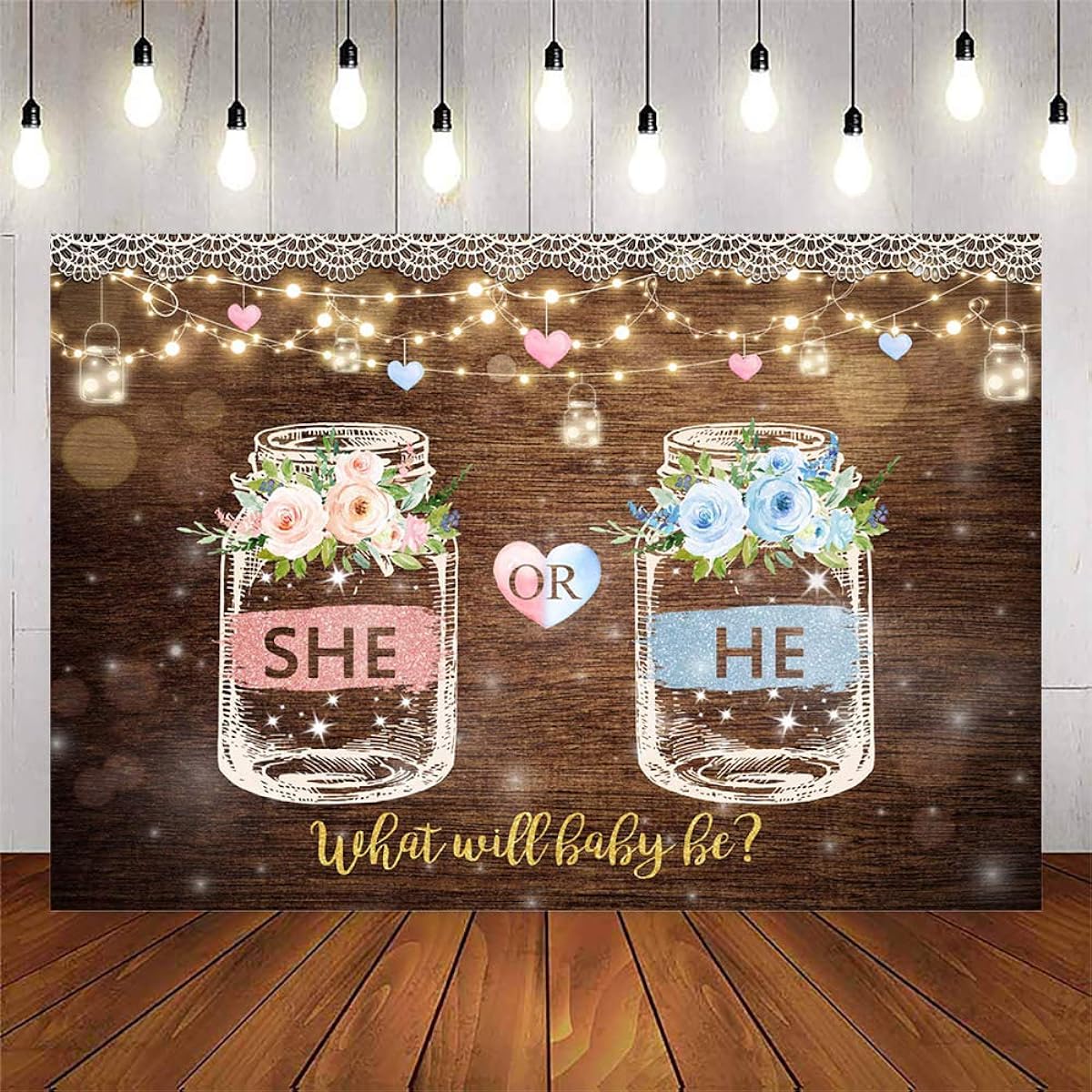 Avezano She or He Gender Reveal Backdrop Brown Wood Wishing Bottle Pink and Blue Flowers Gender Reveal Background Lace String Lights Gender Reveal Decorations (6x4ft)