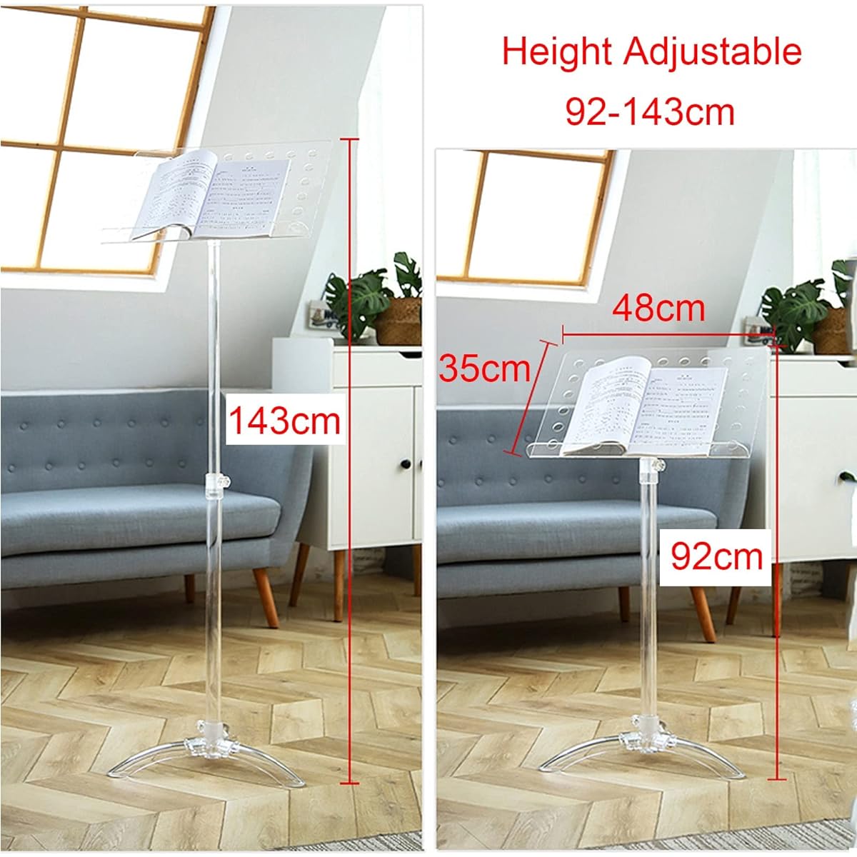 nd, music stand, adjustable angle/height, extendable, fashionable, clear, transparent, laptop stand, menu stand, desktop portable music stand, tabletop, lightweight, tripod base, for playing musical instruments, spectrum table (Color: With holes-48x35cm)