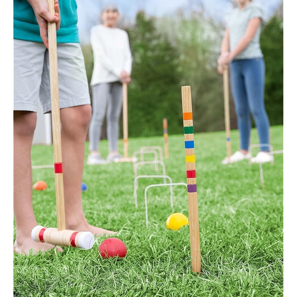 aleawol Kids Beginner Gateball Stick Head Case Set Wooden Croquet Set for 6 Players with Mallets, Colored Balls, Wickets, Stakes and Tote Bag Classic Backyard Lawn Recreation Game Suitable for Adults Kids Family