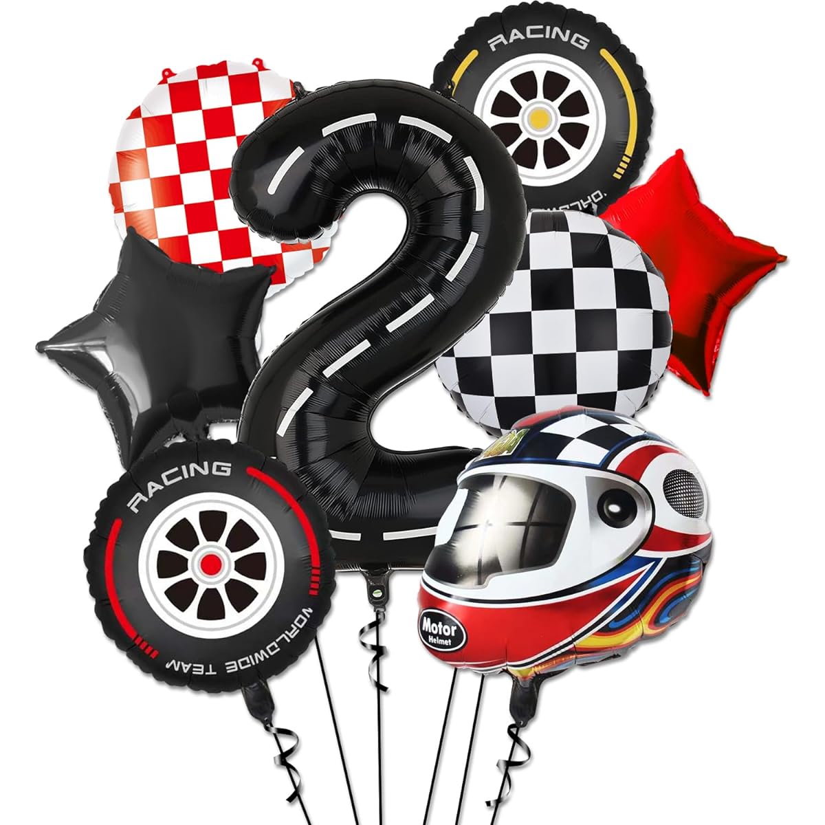 Race Car Balloons - 2nd Birthday Balloons, Number 2 Balloons, Star Balloons, Checkerboard Balloons, Helmet Balloons, Tire Balloons, Boys 2nd Birthday Decorations, Race Car Birthday Party Supplies