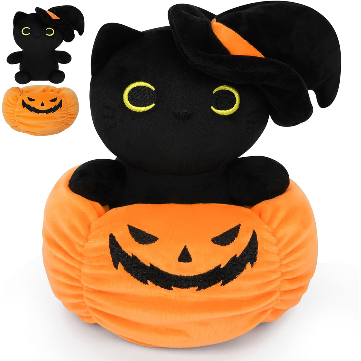 JIAJEGTGT Halloween Pumpkin Black Cat Plush Toy 7.4 Inch Halloween Pumpkin Black Cat Set Cute Black Cat Stuffed Animal Pillow Toy Halloween Decoration Gift for Adults and Kids