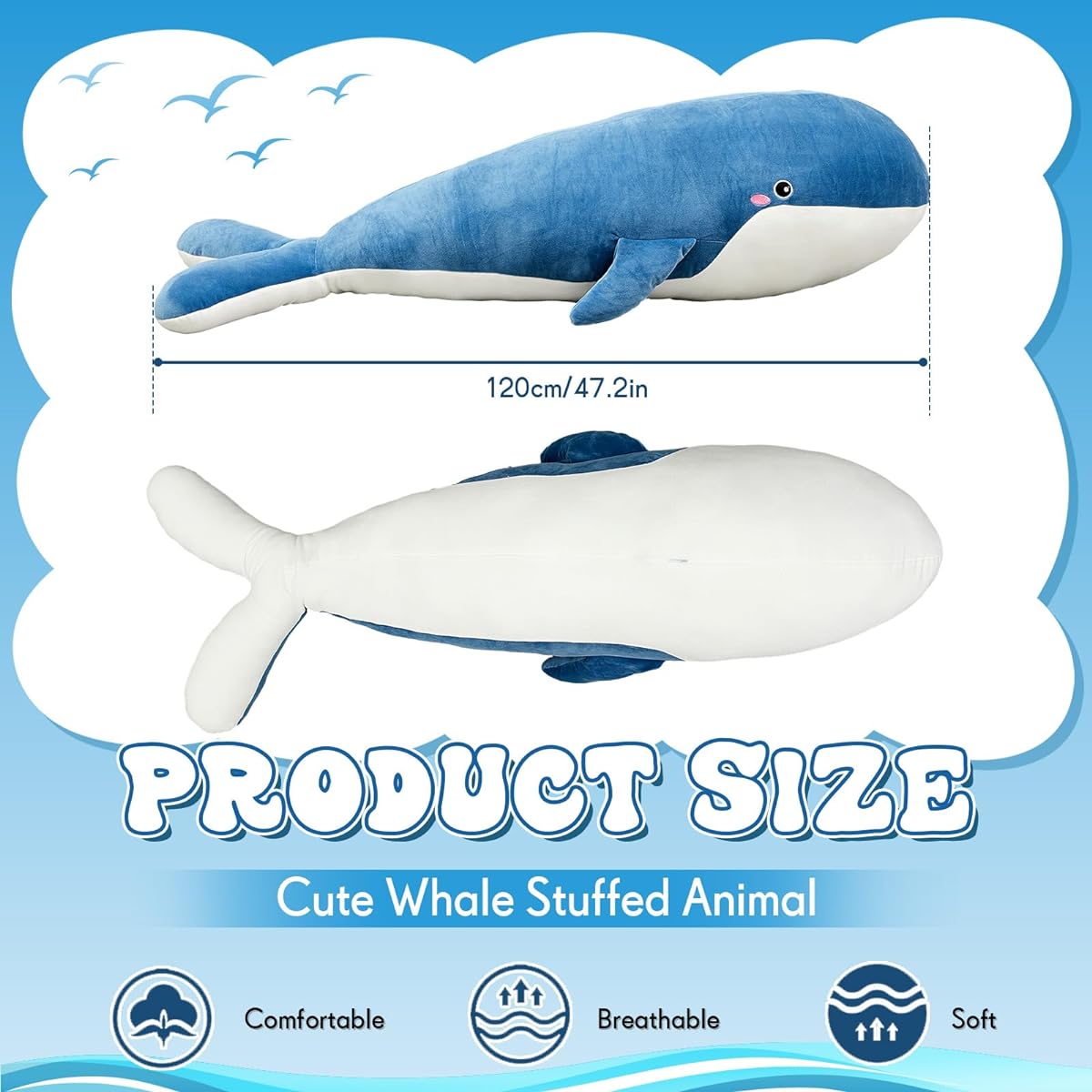 Syhood 47.2 Inch Whale Plush Toy Blue Large Whale Dolphin Doll Cute Decorative Pillow Large Stuffed Animal Whale Pillow Plush Toy Pillow Gift for Boys and Girls