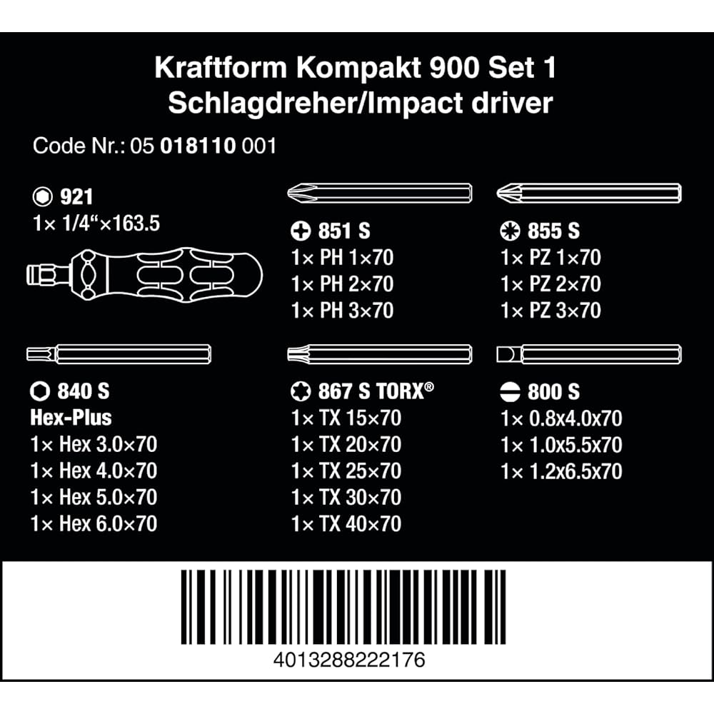 Wera 05018110001 | Replaceable driver Kraftform Kompakt 900 set 1, 19 piece set [Japanese regular import product]