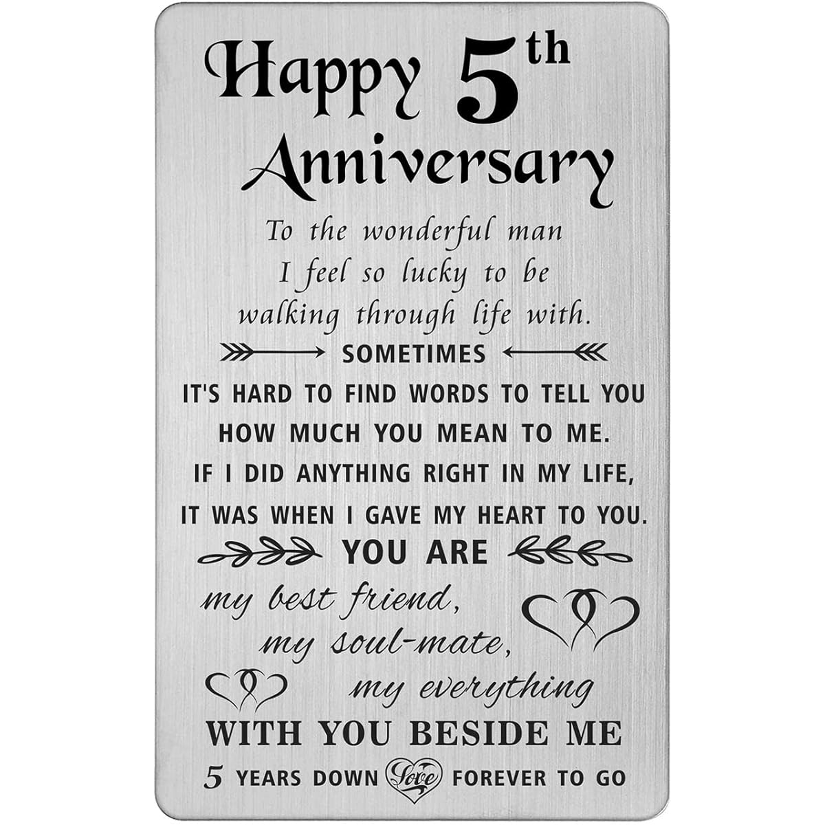 TANWIH 5th Anniversary Card for Husband - 5 Years Down Forever to Go - 5 Year Down Forever to Go Men's Wedding Anniversary Card Gift Engraved Metal Wallet Card