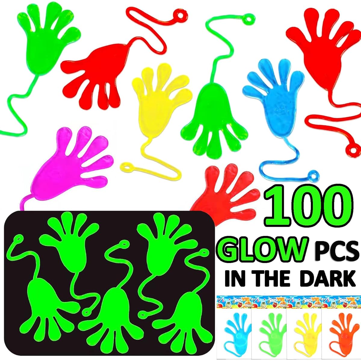 Sticky Hands Party Favors, 100 Pieces 2 Inch Bulk Stretch Toys for Kids Easter Basket Stuffers, Classroom Rewards, Kids Party Supplies, Pinata Stuffers, Carnival Prizes (Glow in the Dark)