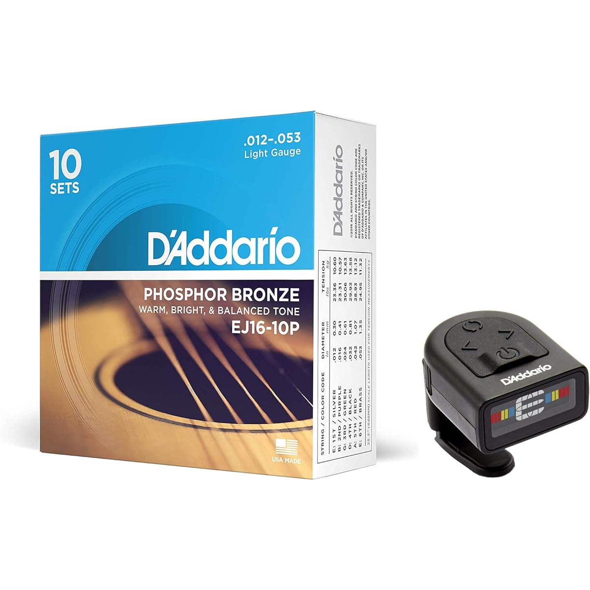 D'Addario Acoustic Guitar Strings Phosphor Bronze Light .012-.053 EJ16-10P 10set Pack + Planet Waves Micro Headstock Tuner