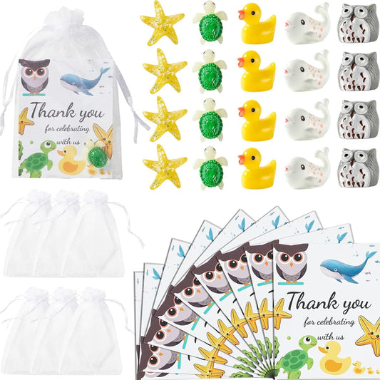 30 Sets Sea Animals Party Favors Funny Resin Duck Star Whale Turtle Owl Animals with Thank You Cards and White Organza Bags for Baby Shower Birthday Party Decorations Back to School Gifts (Style CD)