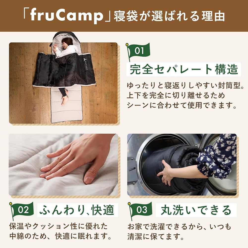 fruCamp Sleeping Bag, Completely Separate, Envelope Type, Suitable for 3.5 Seasons, Fully Washable, Chemical Fiber, Water Repellent, Lightweight, 1.4kg, Compact, Camping, Outdoor