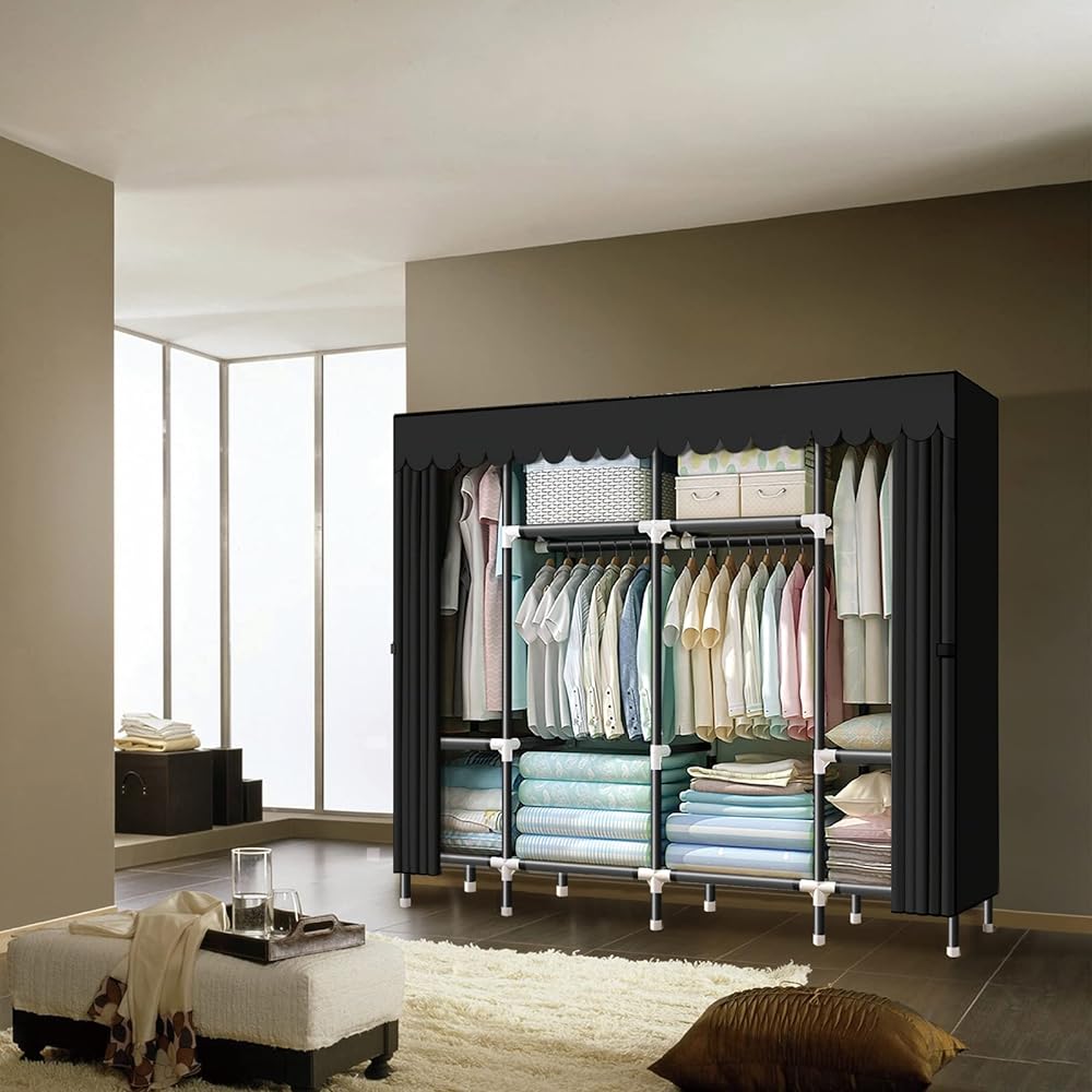 Rukasto Wardrobe with Cover, Large Capacity, Oxford Cloth Closet, Hanger Rack, Easy to Assemble, Clothes Storage Rack, Space Saving, Waterproof, Dustproof, Stain Resistant, Durable, Width 200 x Depth 43 x Height 168 cm, Black