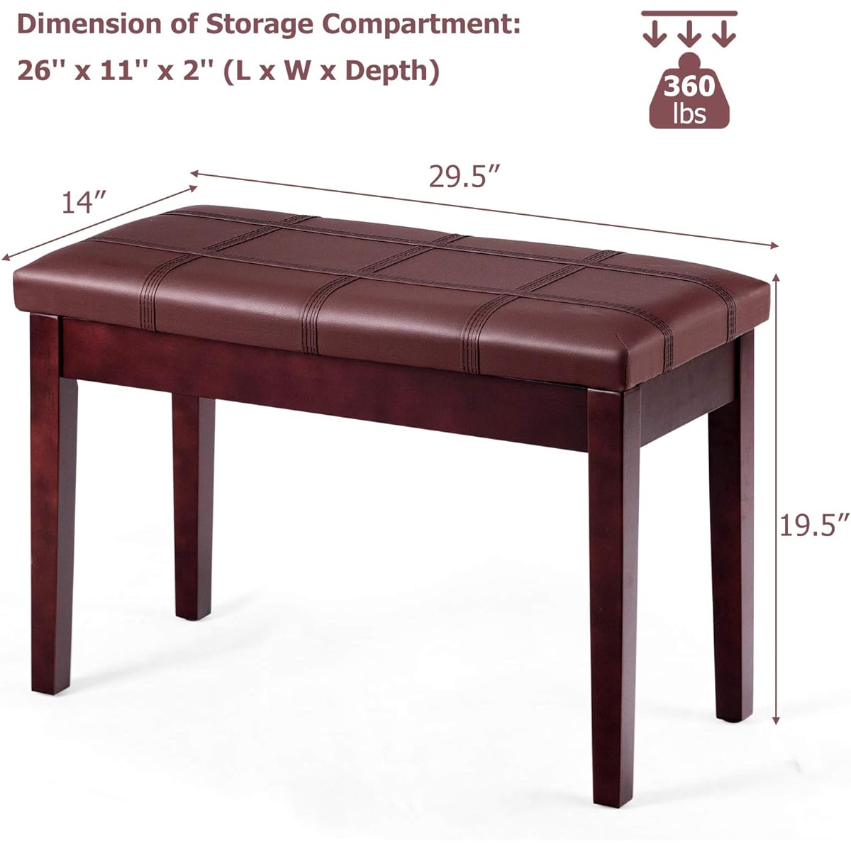 GOFLAME Piano Bench with Padded Cushion and Music Storage Comfortable Double Duet Seat with PU Leather and Wooden Legs Perfect for Professional or Home Use (Brown)