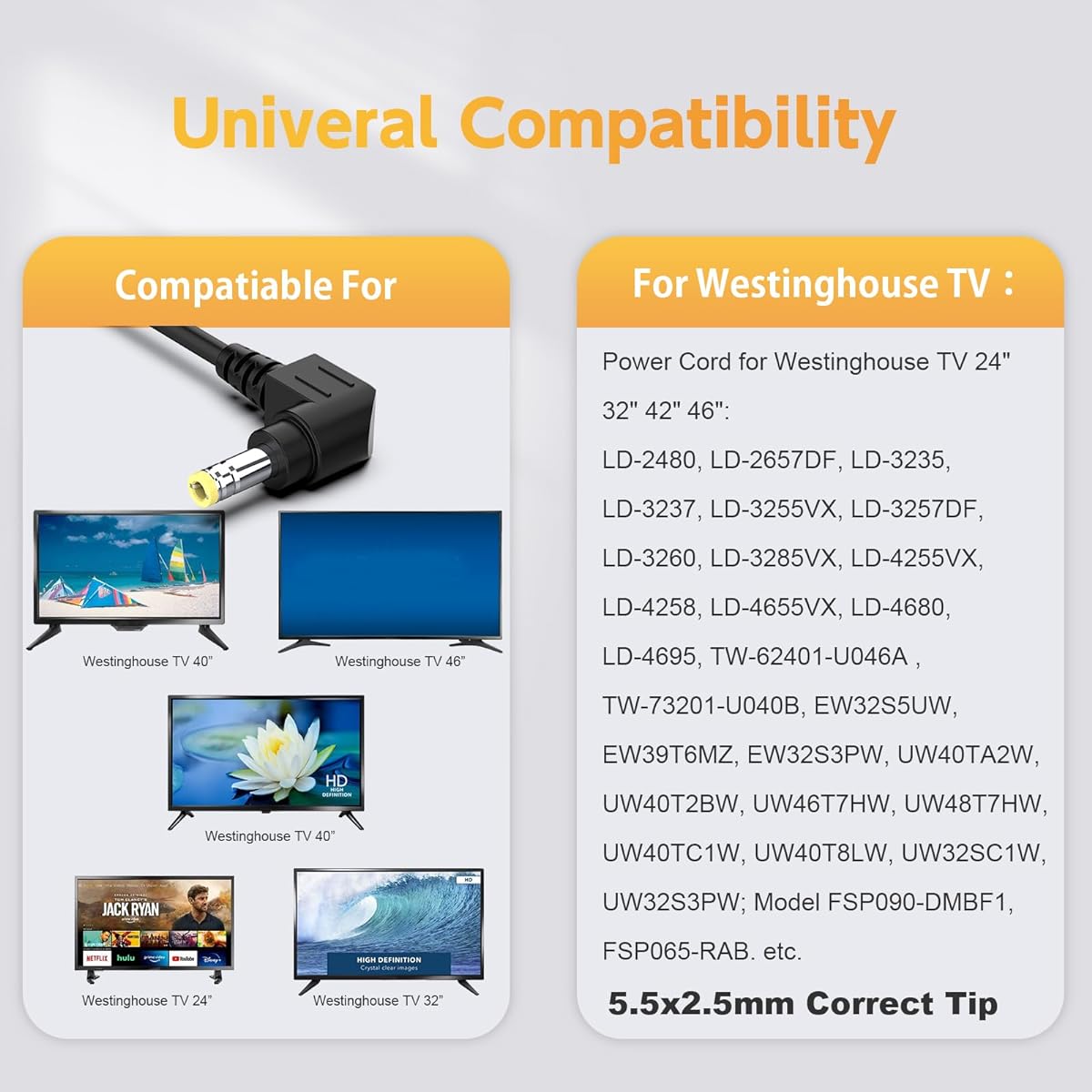 19V AC/DC Adapter TV Power Cord for Westinghouse 24 32 40 42 46" LD-3240 LD-3255VX LD-3235 LD-3237 LD-3255VX LD-3257 UW32S3PW UW32S3PW Model# FSP09 0-DMBF1 LED HDTV LCD Power S