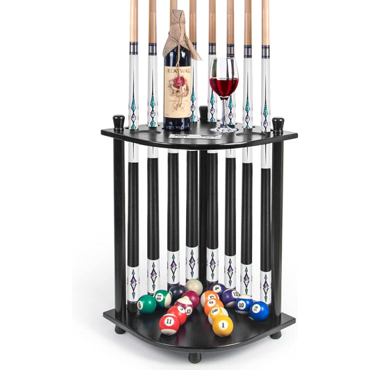 Pool Stick Holder Corner Pool Cue Rack with Score Counter Wooden Floor Stand 8 Billiard Cue Sticks & Balls Full Set Billiard Accessories for Billiard Room and Club