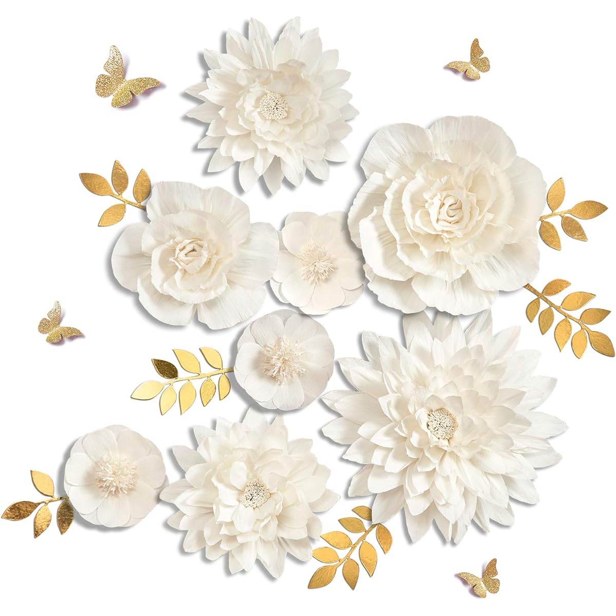 Letjolt White Paper Flowers Handmade Dahlia Spring Party Birthday Party Modern Wedding Backdrop Wall Decor Baby Shower Bridal Shower (White 8pcs)