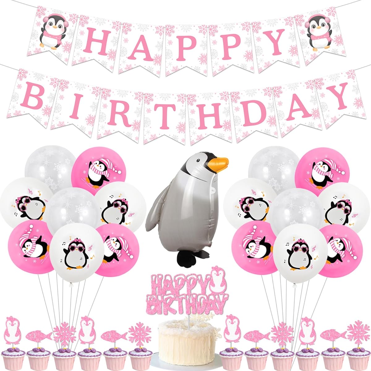 kreat4joy Penguin Birthday Party Decorations for Girls Pink Balloons Happy Birthday Banner Cupcake Toppers Penguin Foil Balloons for Kids Winter Animal Birthday Party