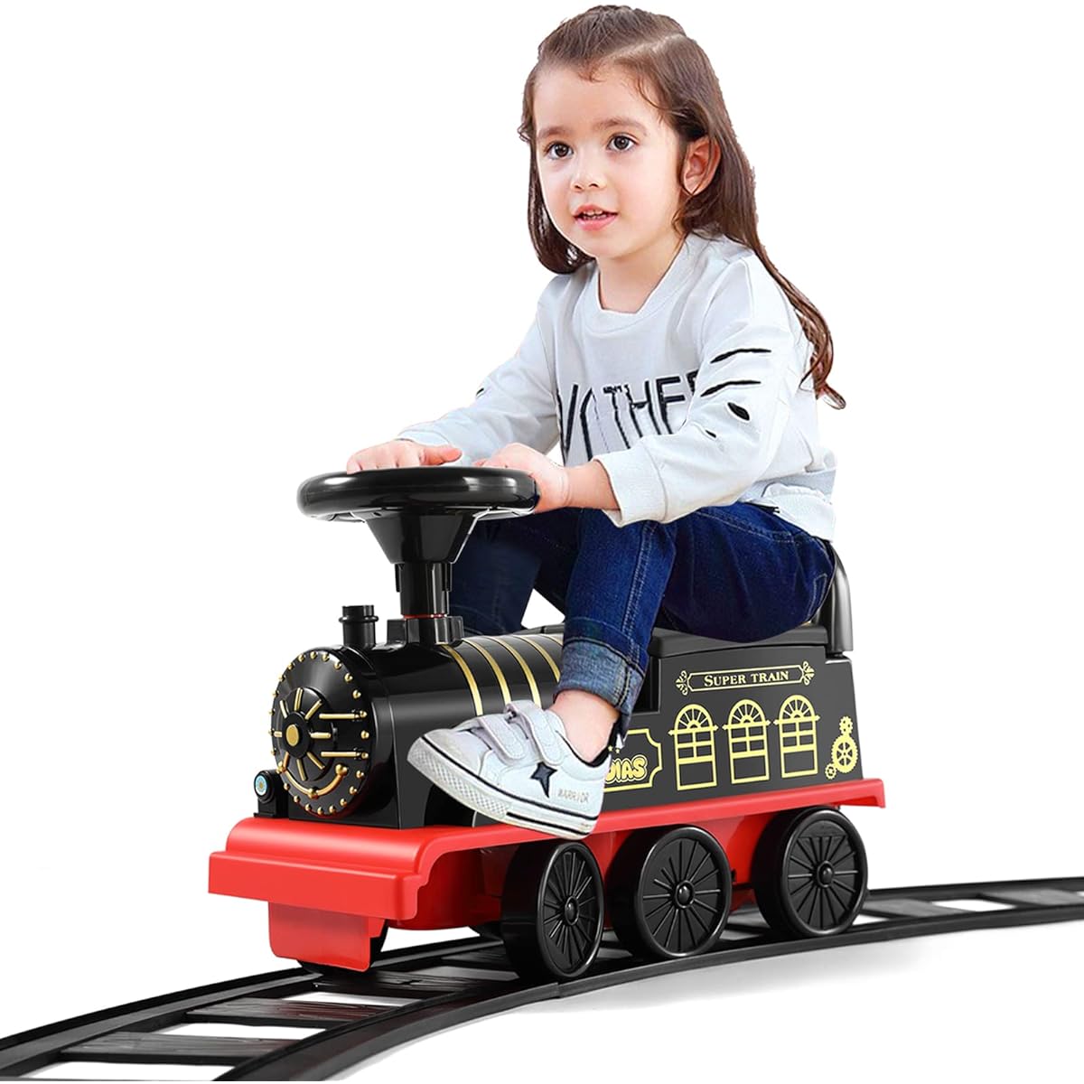 JOYLDIAS 3-in-1 Ride On Train with 16 Piece Curved Track, 6V Train for Kids with Lights, Horn, Storage and Retractable Foot Pedals, Black