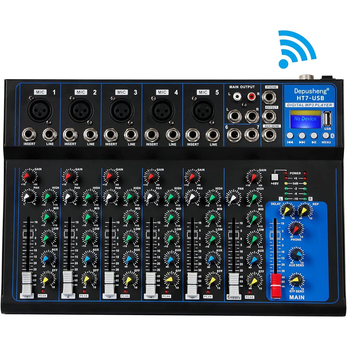 Depusheng HT7 Bluetooth Portable Audio Mixer W/USB DJ Sound Mixing Console MP3 Jack 48V Power Computer Recording, 7 Channel Band Mixing Board Studio Recording
