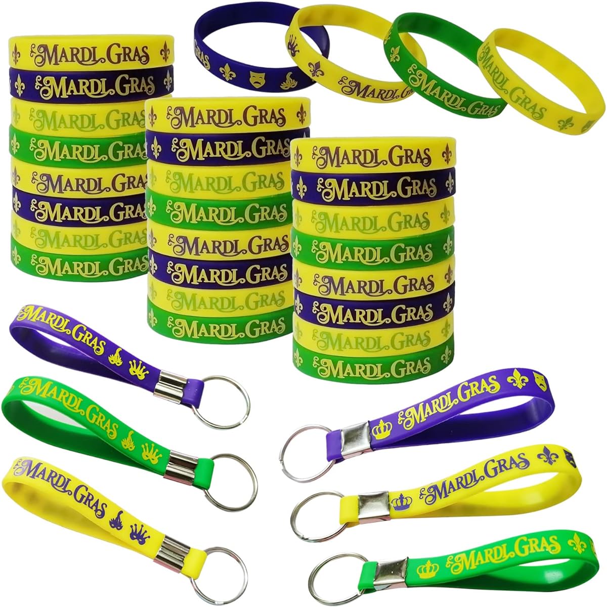 24 Pieces Mardi Gras Party Rubber Bracelets and Keychains - Mardi Gras Carnival Birthday Party Favors Decorations Goodie Bag Stuffing Silicone Wristband Keyring