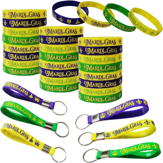 24 Pieces Mardi Gras Party Rubber Bracelets and Keychains - Mardi Gras Carnival Birthday Party Favors Decorations Goodie Bag Stuffing Silicone Wristband Keyring