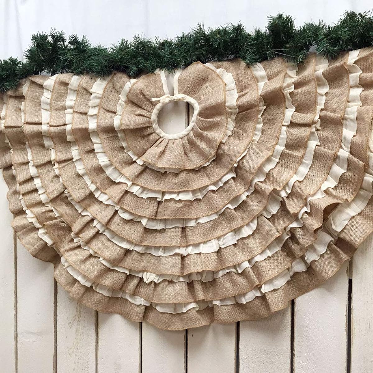 JCS 48" Round Ruffle Tobacco Cloth & Burlap Rustic Farmhouse Christmas Tree Skirt