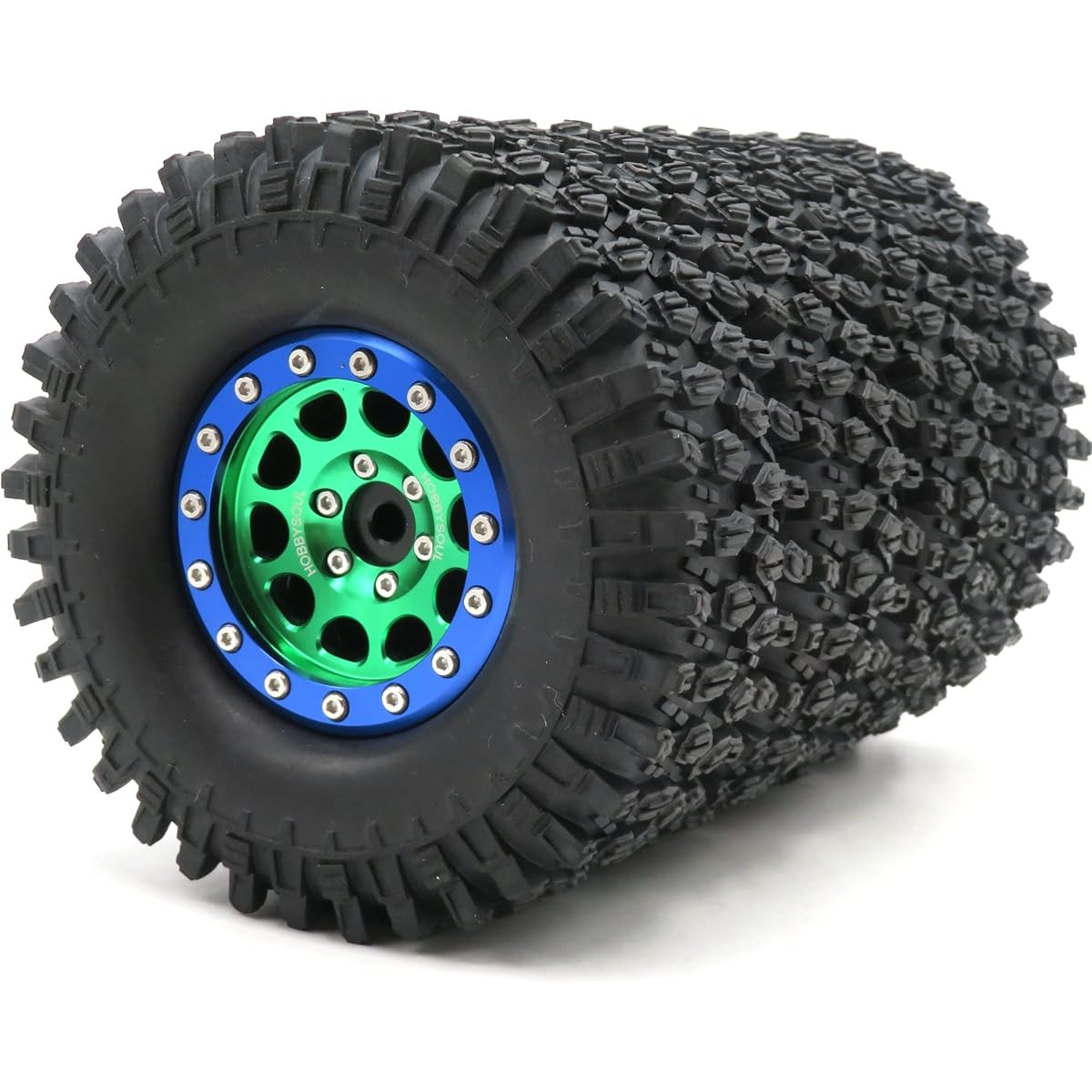 RC 4.25" Tall Soft 1.9 Tires & Aluminum 1.9 Beadlock Wheels Rims Hex 12mm Green & Blue for 1/10 1/12 RC Mud Crawler Truck Axle SCX10 90046 RC4WD D90 TF2 Tamiya CC01 (Pre-assembled)