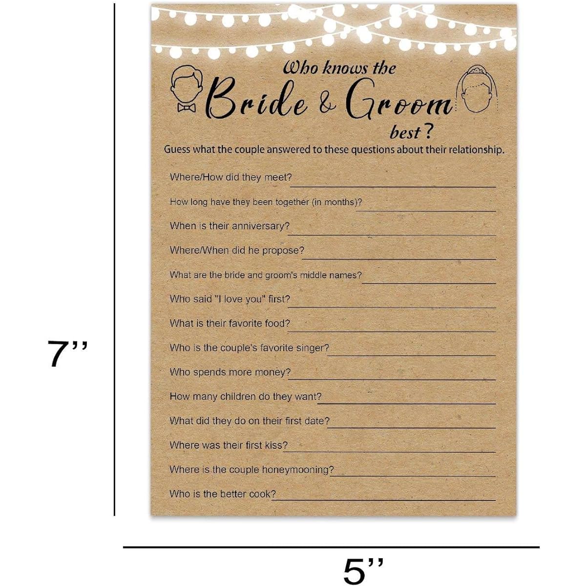 30 Fun Bridal Shower Games - Who Knows The Bride Groom Best Rustic Craft Wedding Engagement Games Party Supplies - 5 x 7 Inches