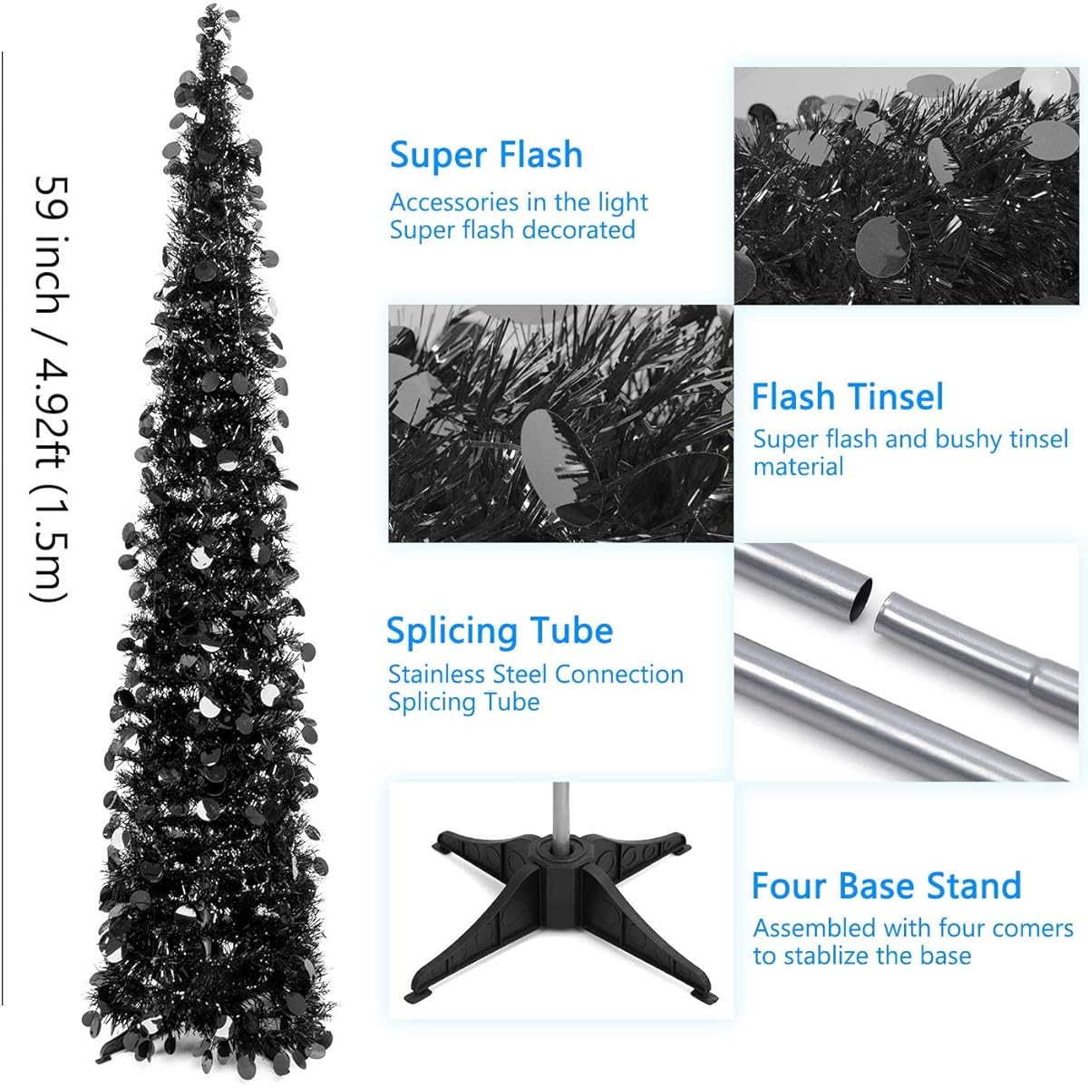 N&T NIETING 5ft Tinsel Christmas Tree Slim Foldable Pop Up Black Tinsel Tree for Halloween Decorations Party Supplies Holiday Christmas Decor Home Display Office Fireplace Indoor