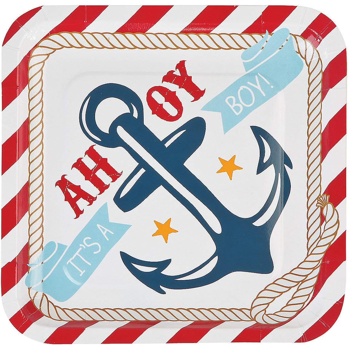 Fun Express - Nautical Baby Shower Square Dinner Plates for Babies - Party Supplies - Printed Tableware - Printed Plates & Bowls - Baby - 8 Piece