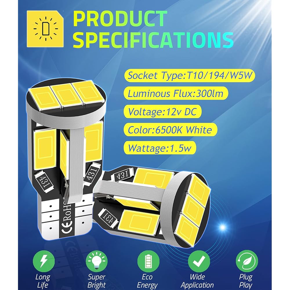 194 LED Car Light Bulb T10 168 2825 W5W LED Bulb Very Bright 12V 11SMD 5630 Chipset LED Bulb Car Truck Interior Dome Map Door Courtesy License Plate Light 6500K White (10pcs/Pack)